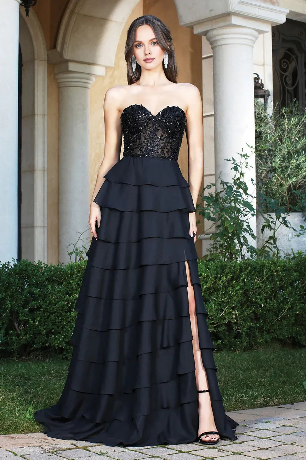 Weitese Dress A Line Prom Long Beaded Lace Formal Dress Chiffon Strapless Evening Dress